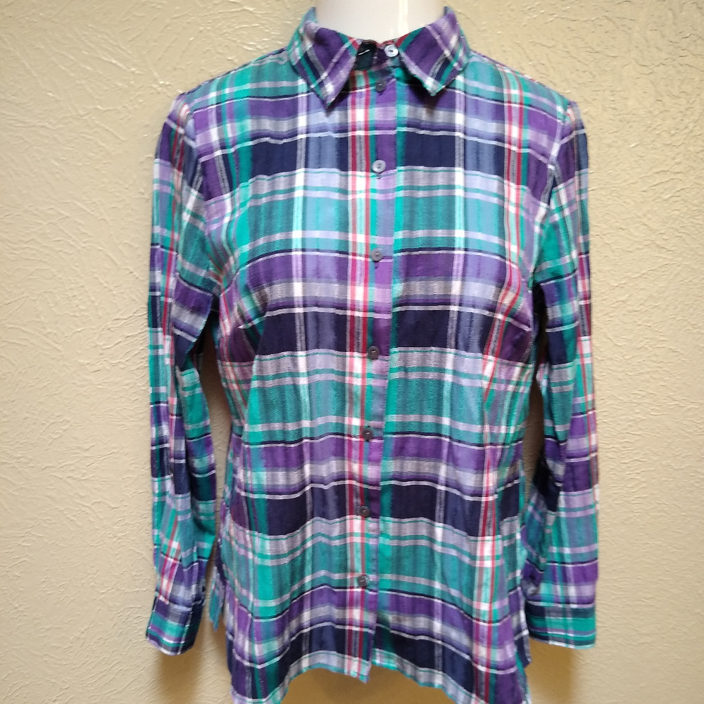 Allison Daley Womens long sleeve shirt plaid sz 10 Blue and Purple